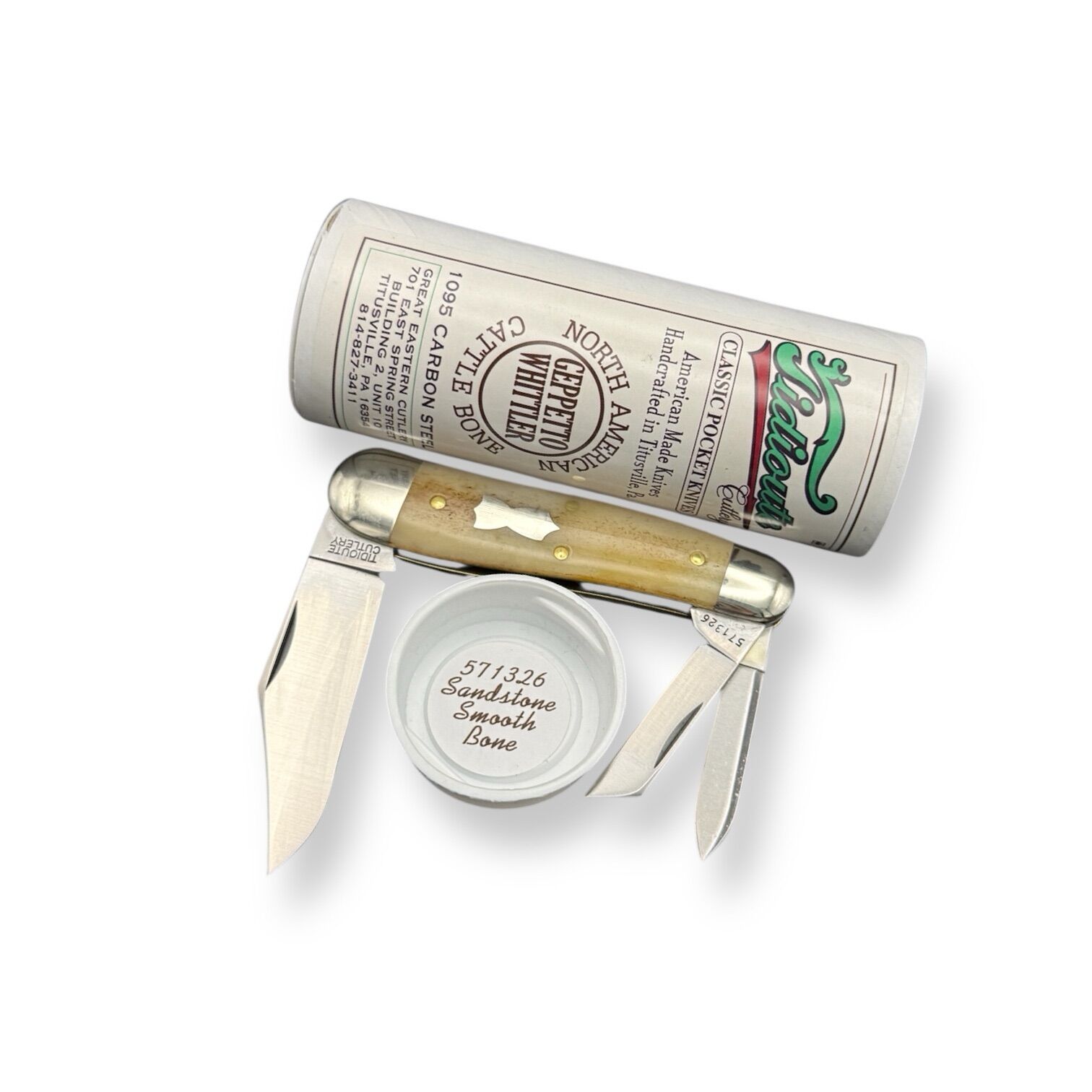 Great Eastern Cutlery GEC #571326 - Tidioute Cutlery 1095 Carbon Steel Geppetto Whittler Sandstone Smooth Bone