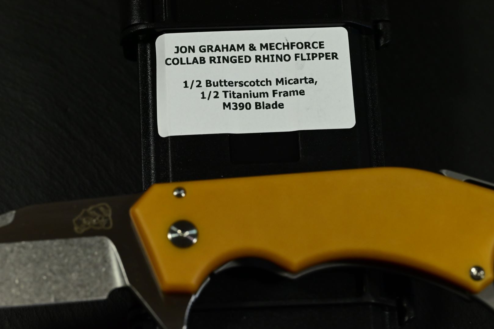 Mechforce & Jon Graham " Ringed Rhino Flipper" M390, Titan, Butterscotch Micarta - Image 2