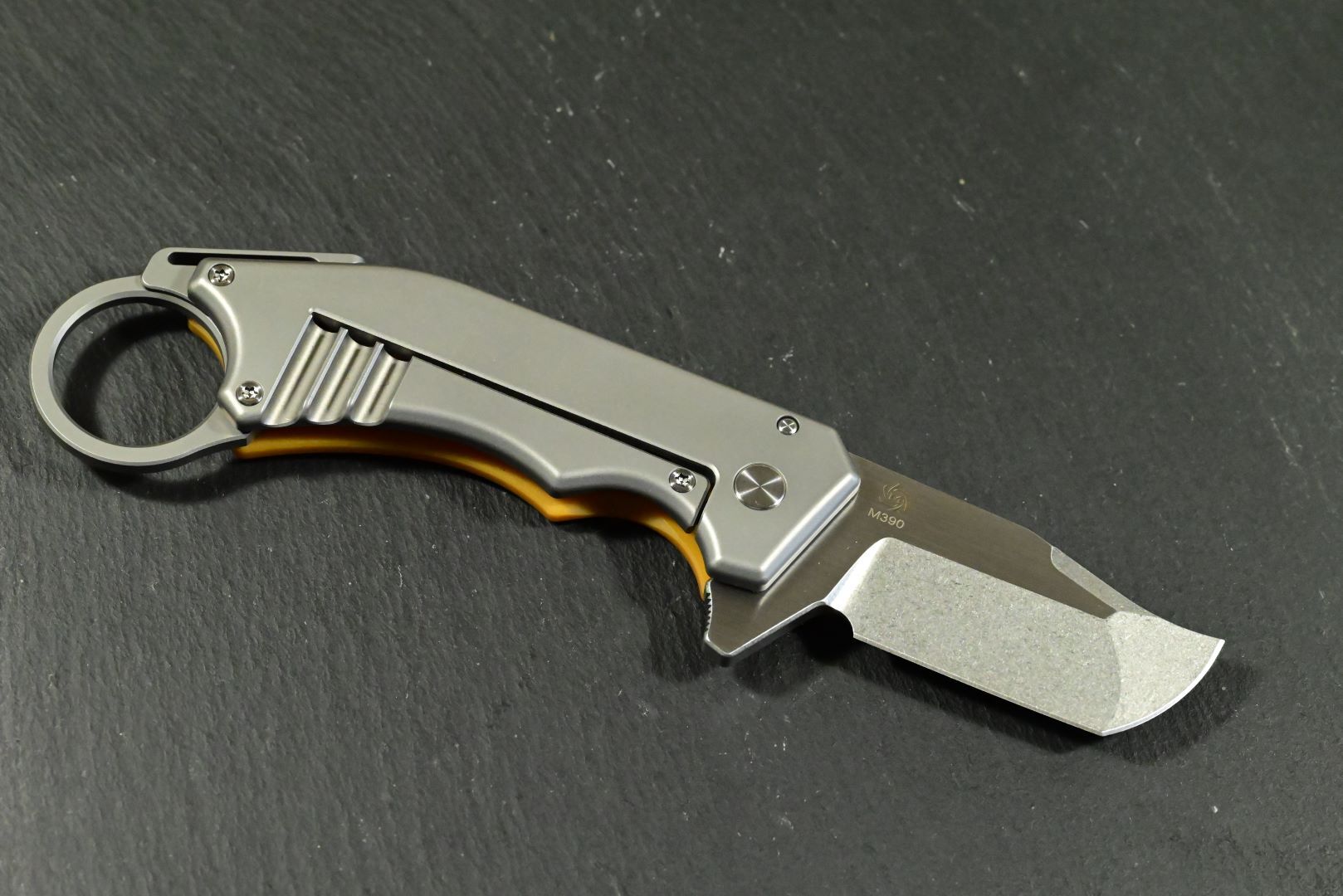 Mechforce & Jon Graham " Ringed Rhino Flipper" M390, Titan, Butterscotch Micarta - Image 6