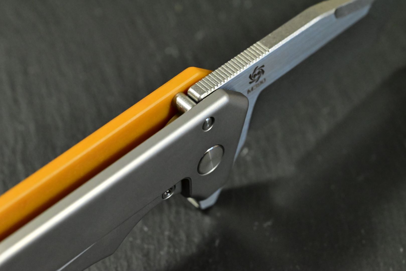 Mechforce & Jon Graham " Ringed Rhino Flipper" M390, Titan, Butterscotch Micarta - Image 9