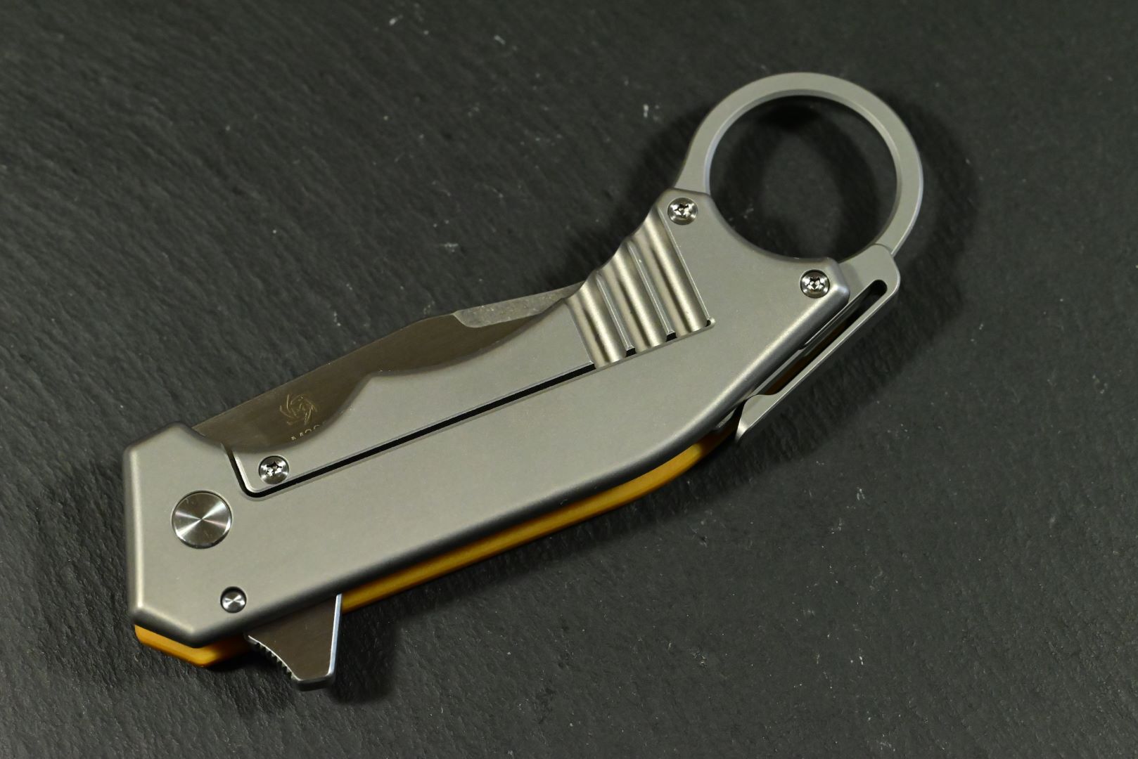 Mechforce & Jon Graham " Ringed Rhino Flipper" M390, Titan, Butterscotch Micarta - Image 14