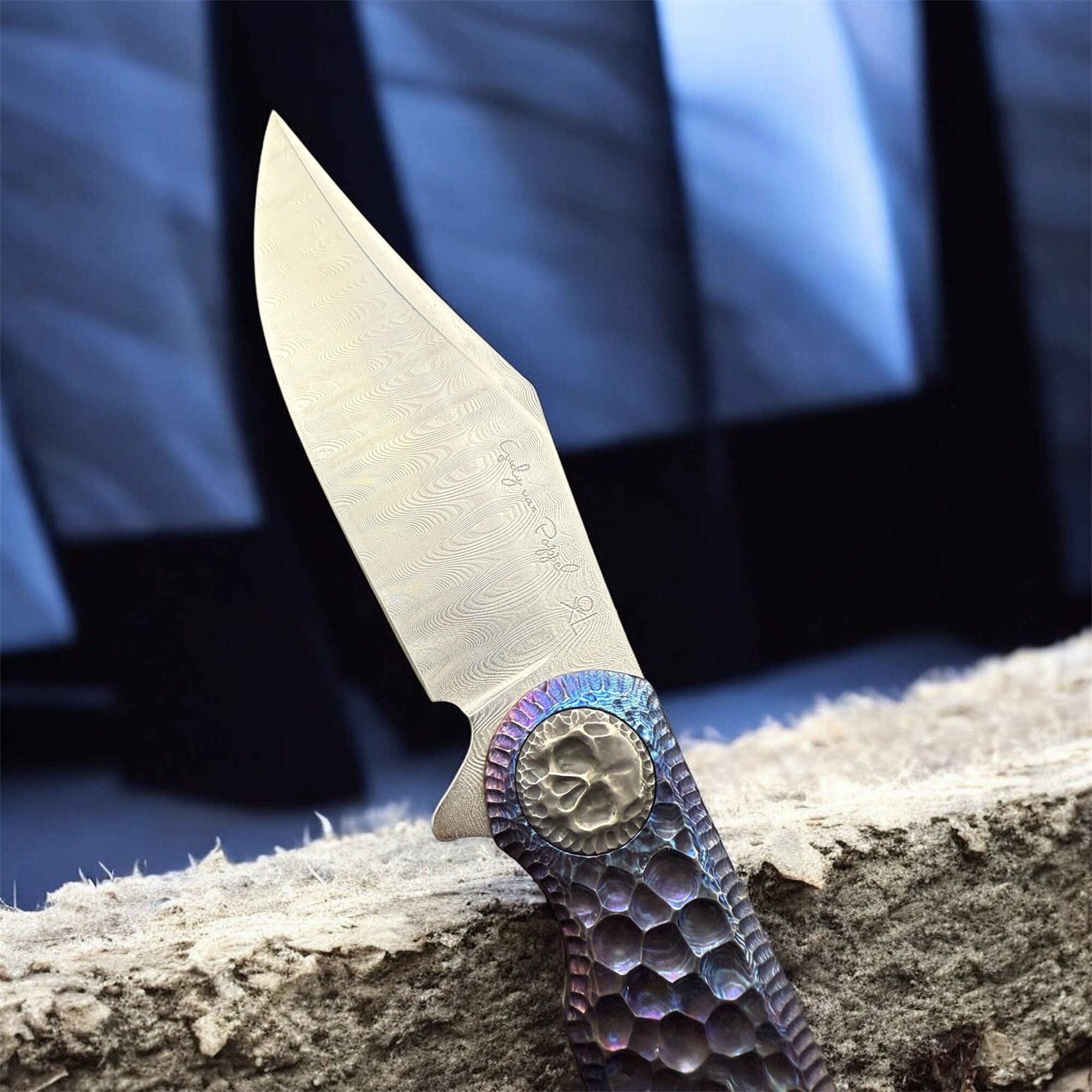 Gudy van Poppel Custom | Eastbull Lion | Damaststeel - Titan/ Timascus, Framelock Flipper - Image 5