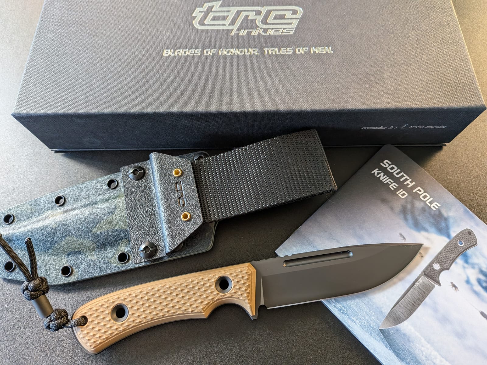 TRC Knives | South Pole | V4E, DLC-Finish, Coyote G-10 & Multicam Black Kydex Sheath – Bild 4