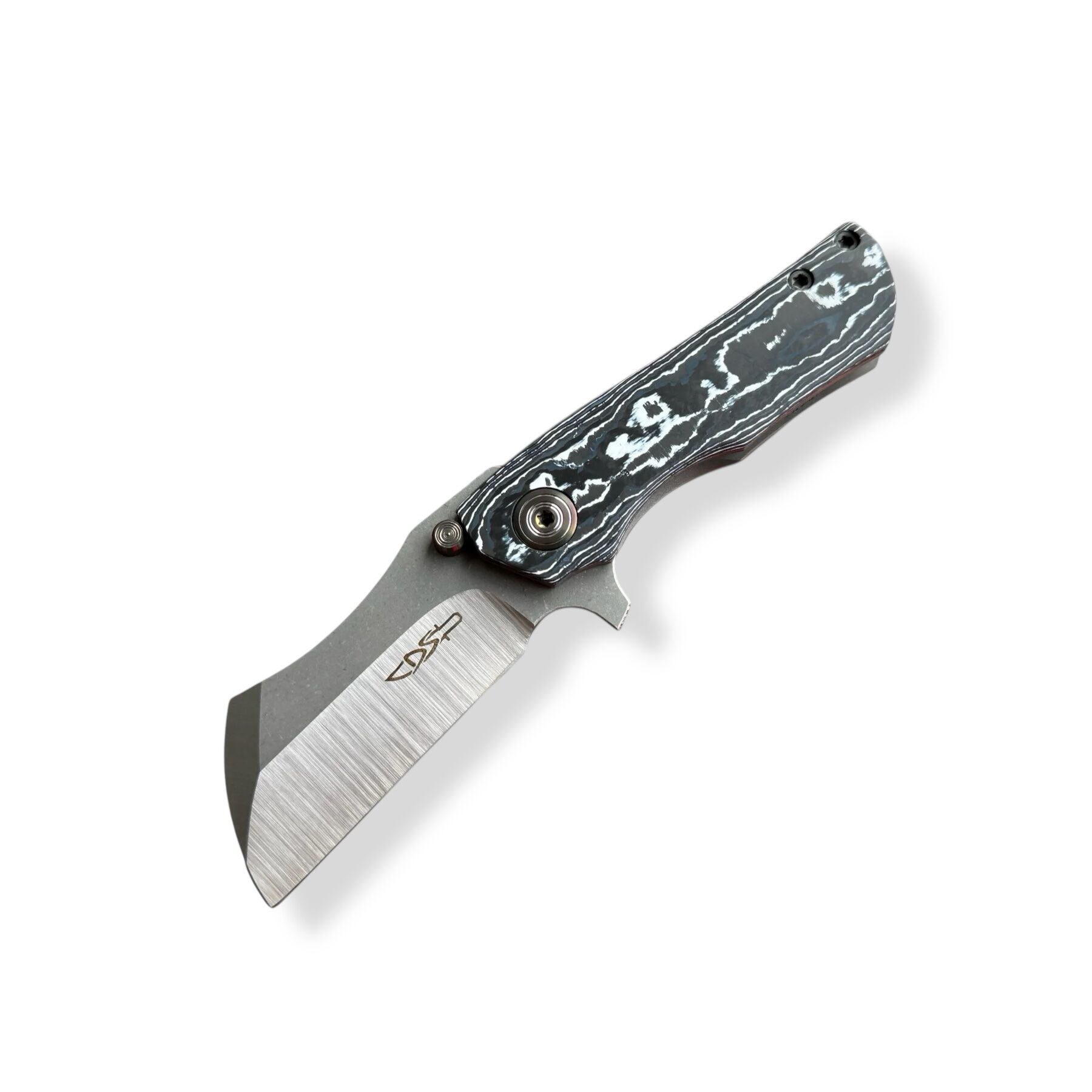 DARAC STEEL CUSTOM KNIVES "TOUCAN" Framelock Folder Titan Fatcarbon Inlays Zirconium Clip & Backspacer M390