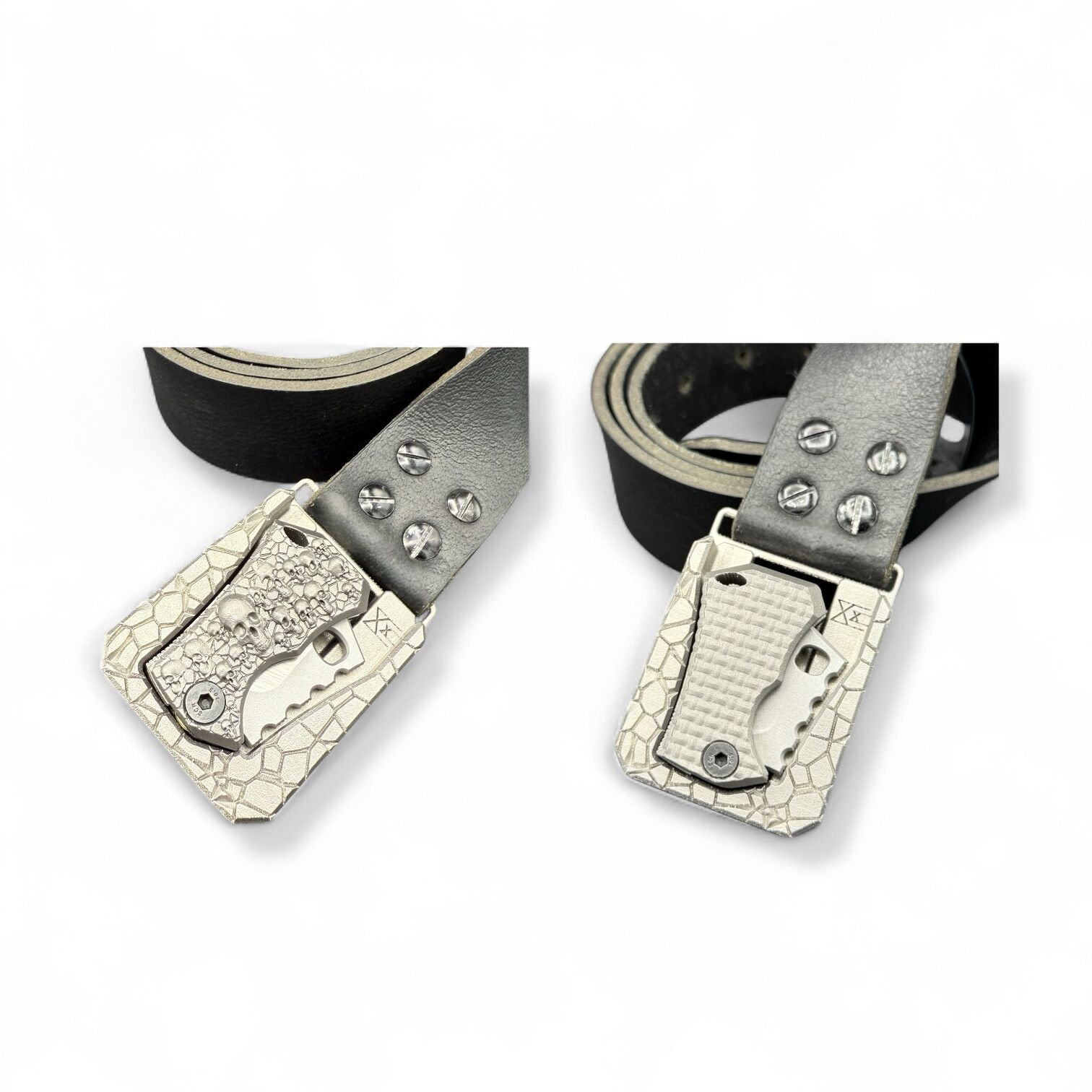 Midgards-Messer Shorty 3D titanium printed slip joint “double crane force” D2 satin finish, with matching belt buckle